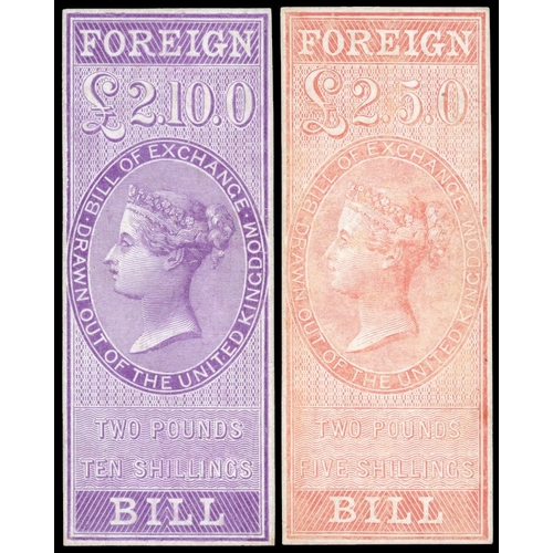 995 - Foreign Bill: 1854 £2.10 and £2.50 stamp sized die proofs on glazed card in violet and pale orange r... 