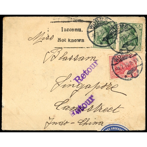 1177 - 1910-17 incoming mail to Singapore, the first from Germany bearing 5pf green pair and 10pf carmine t... 