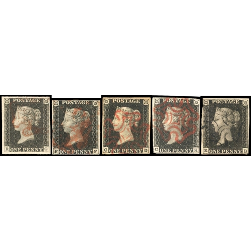 100 - GB: 1840 1d black, five unplated examples, three or four margins, four red MC, one black MC (5) SG 2