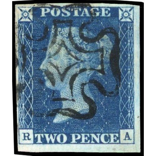 102 - 1840 2d blue, Plate 1 (RA), close to very large margins, cancelled