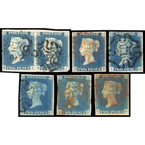 103 - 1840 2d blue selection of seven stamps all from Plate 1 with three to four margins