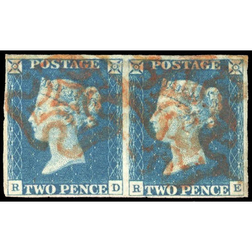 104 - 1840 2d pale blue, Plate 1, horizontal pair (RD-RE), close to large margins cancelled