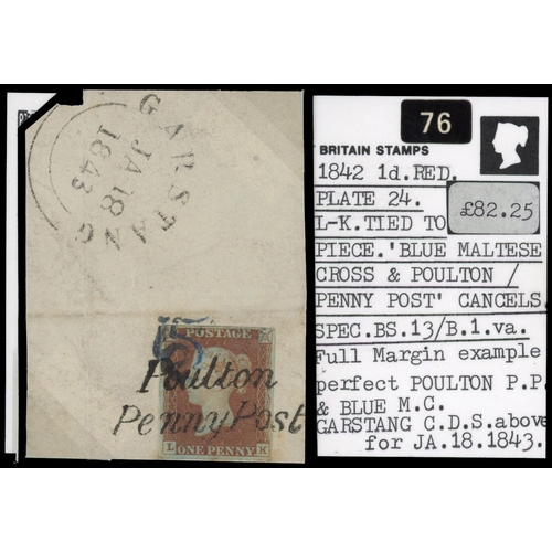 113 - 1842 1d red, plate 24 (LK), tied to small piece by blue Maltese Cross and neat Poulton/Penny Post ... 