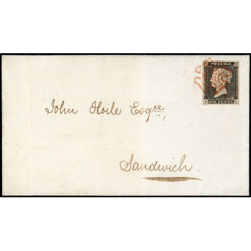 29 - 1840 1d Black Pl.1a (Showing significant plate wear). Superb wrapper sent within Kent from Rochester... 