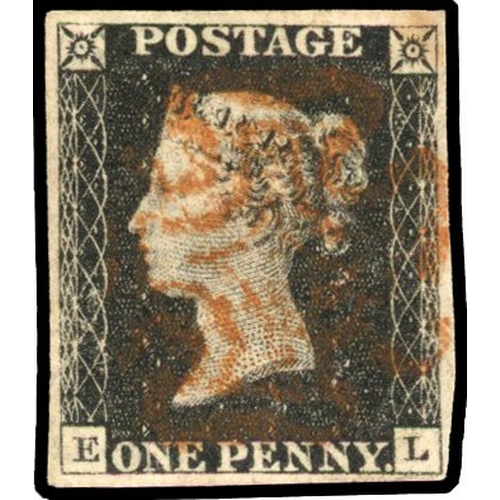 37 - GB: 1840 1d black, Plate 1B, (EL), four margins, red-brown MC SG 2