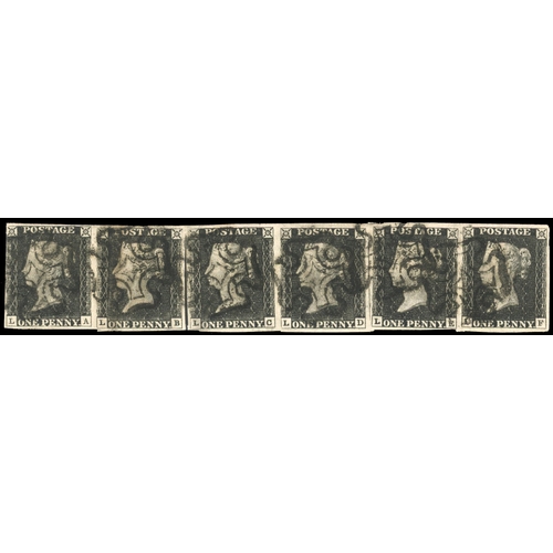 40 - Great Britain 1840 1d black Plate 1b used strip of six SG 2