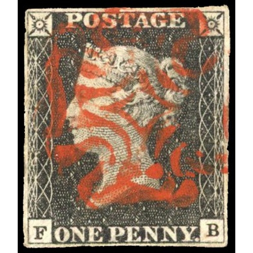 42 - GB: 1840 1d black, Plate 2 (FB), four margins, struck by bold, red MC SG 2