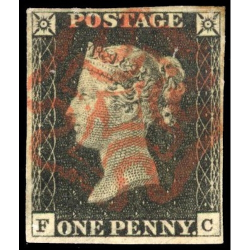 43 - GB: 1840 1d black, Plate 2 (FC), four margins, neat red MC SG 2