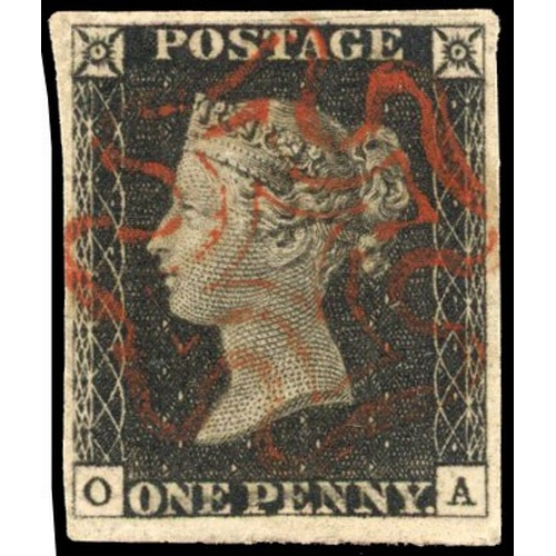 44 - 1840 1d black, Plate 2 (OA), good to large margins, cancelled by neat red Maltese Cross