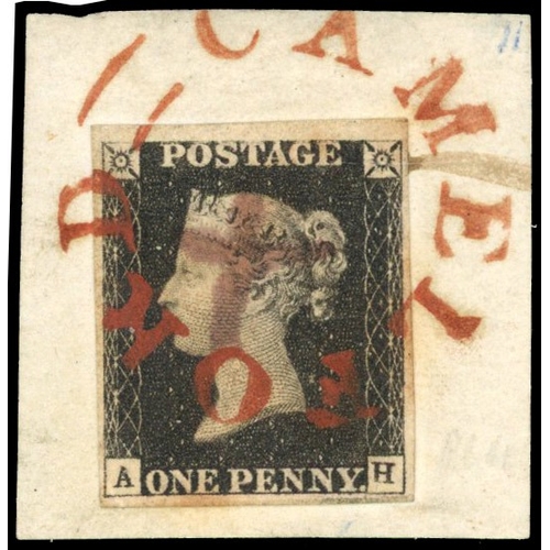 52 - 1840 1d black, Plate 4 (AH) cancelled by Camelford undated town postmark and pen cancellation Spec. ... 