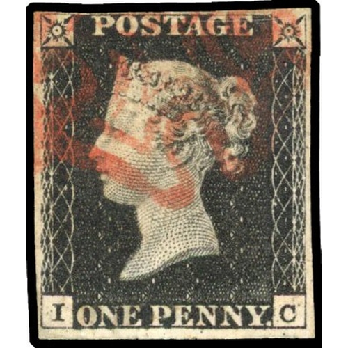 54 - GB: 1840 1d black, Plate 4 (IC), four margins, red MC SG 2