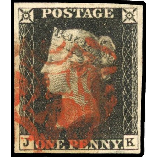 55 - 1840 1d black, Plate 4 (JK), good to large margins, cancelled by red Maltese Cross. SG 2