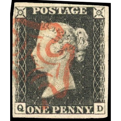 57 - 1840 1d black, Plate 4 (QH), close to large margins, cancelled by neat red Maltese Cross. SG 2