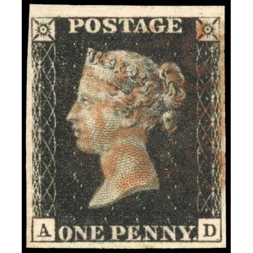 63 - 1840 1d black, Plate 5 (AD), good to very large margins, cancelled by light red Maltese Cross. SG 2