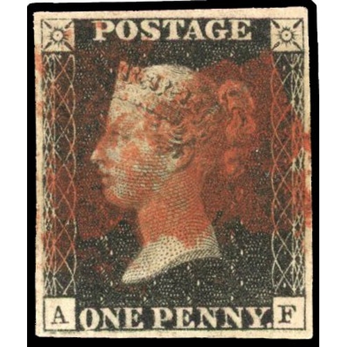 66 - GB: 1840 1d black, Plate 5, (AF) four margins, smudged red MC SG 2