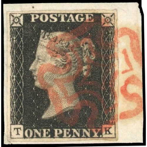 72 - 1840 1d black, plate 6 (TK), four margins, tied to small piece by red MC