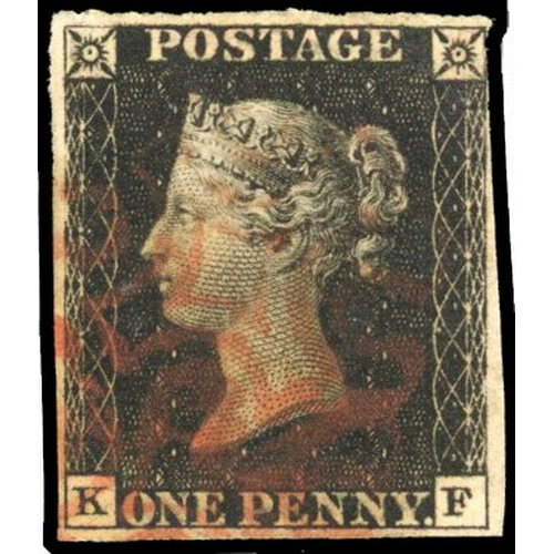 74 - GB: 1840 1d black, Plate 6, (KF) four margins, close top right, red MC SG 2