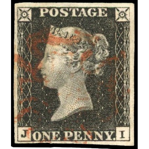 77 - GB: 1840 1d black, Plate 7, (JI), four margins, red MC SG 2