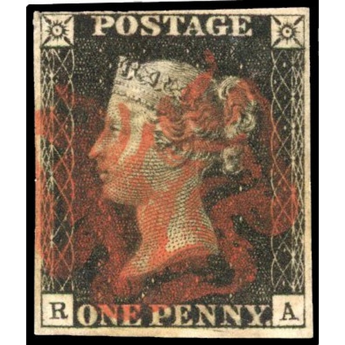 78 - GB: 1840 1d black, Plate 7, (RA), four margins, neat red MC SG 2