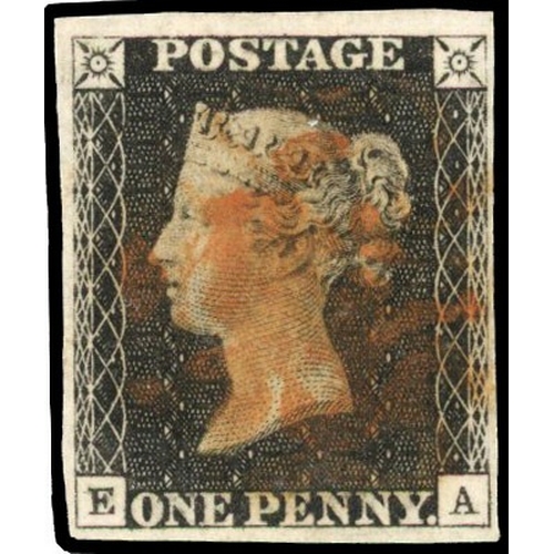 82 - GB: 1840 1d black, Plate 8, (EA), four margins, smudged red MC SG 2