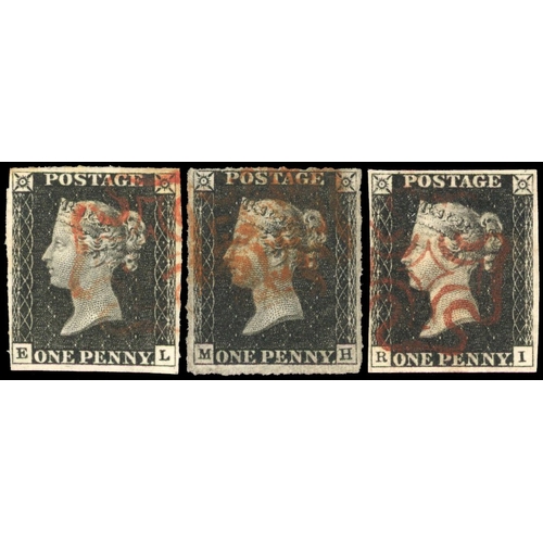 92 - 1840 1d black, unplated selection (3), all with four margins and cancelled by red Maltese Cross