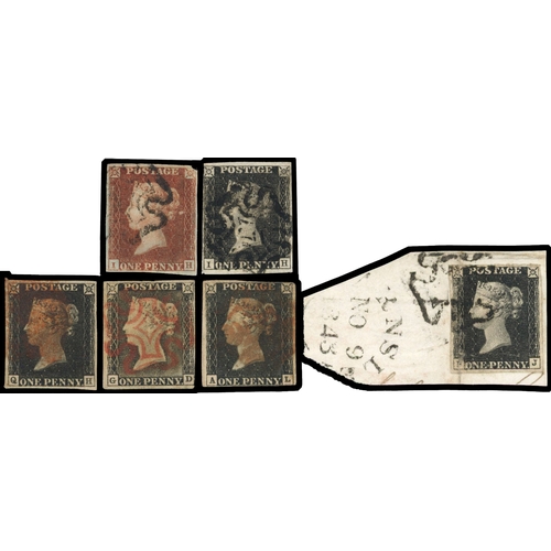 93 - 1840 1d black selection of ten stamps with three to four margins and cancelled