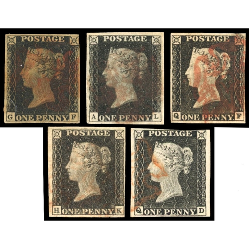 93 - 1840 1d black selection of ten stamps with three to four margins and cancelled