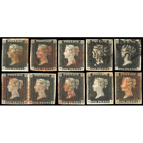 95 - GB: 1840 1d black used range, unplated 8 singles and 1 horizontal pair 4-margin, red MC 7, black 3, ... 