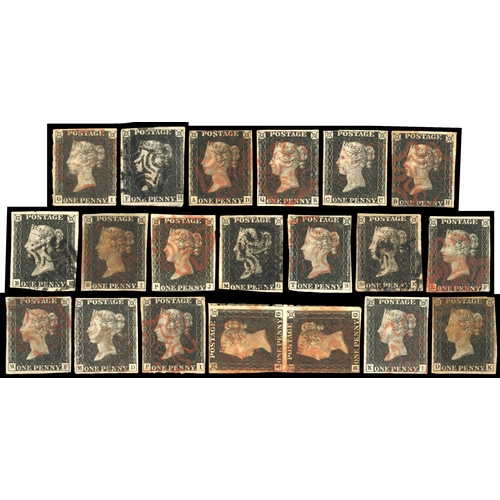 99 - GB: 1840 1d black used range, unplated selection of twenty examples including one vertical pair (AG/... 