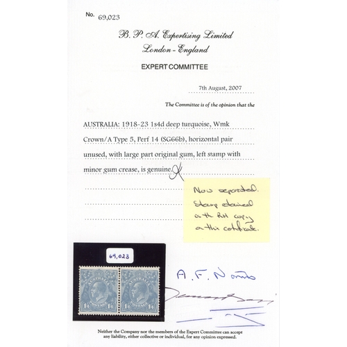 531 - Australia 1918-23 Single wmk 1s4d. deep turquoise Large part o.g. S.G. 66b, £3,500