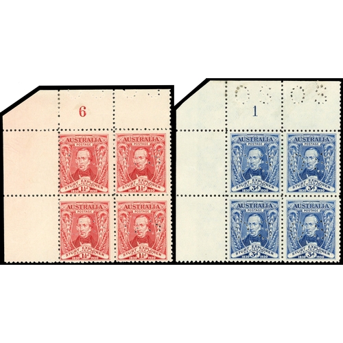 591 - Australia Official 1930 'Sturt' 1½d scarlet and 3d blue, perf 'OS' PLATE BLOCKS S.G. O121/22 cat £24... 