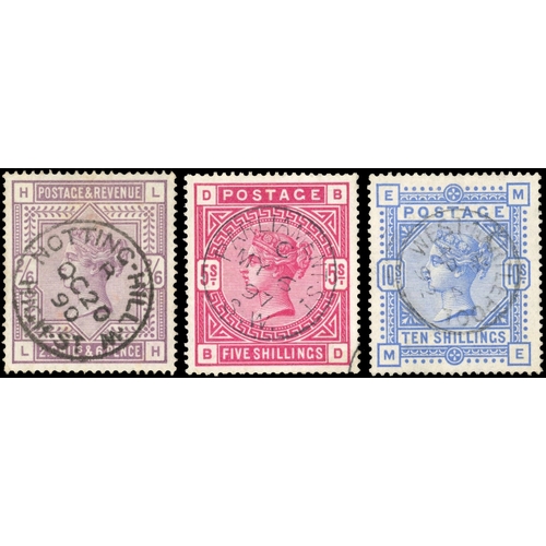 3692 - GB: 1883/84 white paper 2s6d (LH), 5s (BD) and 10s (ME), all well centered and neatly cancelled by c... 
