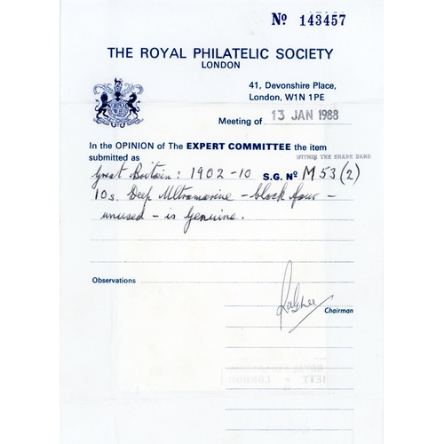 3728 - GB: 1902-10 10s deep ultramarine, mint unmounted og upper left corner block of four