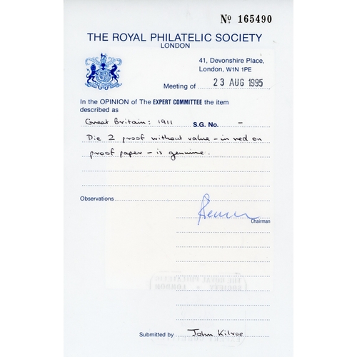 3741 - GB 1911 Die Proof accepted design, without value, in deep carmine