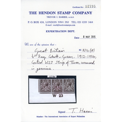 3777 - GB 1912-24 ï¿½ï¿½d deep cobalt-green, mint large part o.g. control W23 s