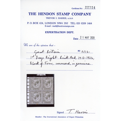 3781 - GB: 1912-24 1d deep bright brick-red, mint ex-booklet pane marginal block of four