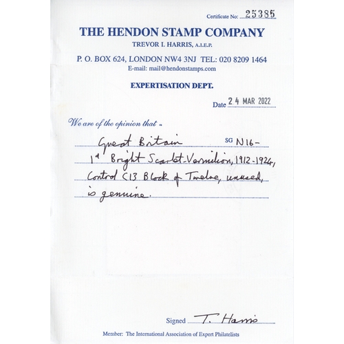 3789 - GB: 1912-24 1d bright scarlet-vermilion, mint control C13 block