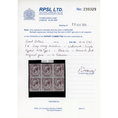 3792 - GB: 1912-24 Royal Cypher 1d deep orange-vermilion, mint unmounted block of six
