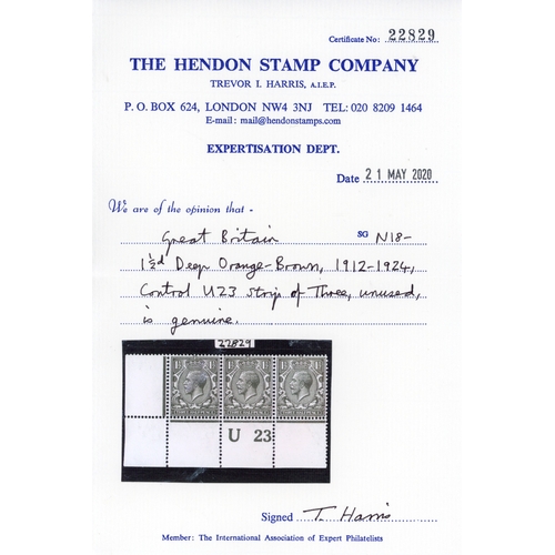 3795 - GB 1912-24 Royal Cypher 1ï¿½ï¿½d deep orange-brown, mint control U23 s
