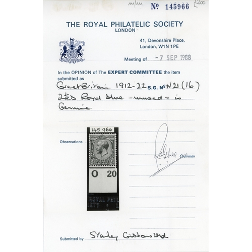 3798 - GB: 1912-22 Royal Cypher 2ï¿½ï¿½d Royal blue, mint large part og with ï¿½ï¿½ï¿½O20ï¿½ï¿½ï¿½ control;... 