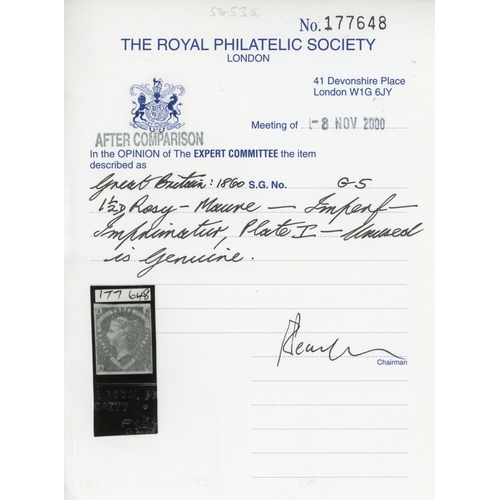 1100 - GB SG 53a 1860 1Â½d rosy mauve on blued paper imprimatu