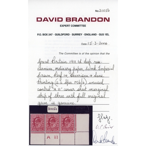 1182 - GB SG 274 1911 1d deep rose-carmine control strip mint