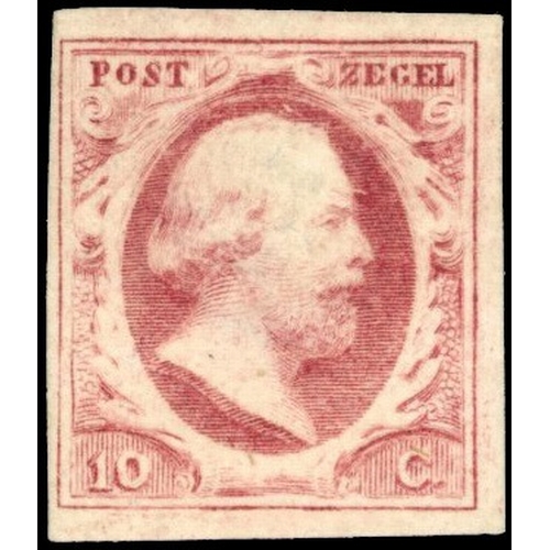 108 - Netherlands 1852-63 10c carmine, plate VII with horn, close to large margins, mint