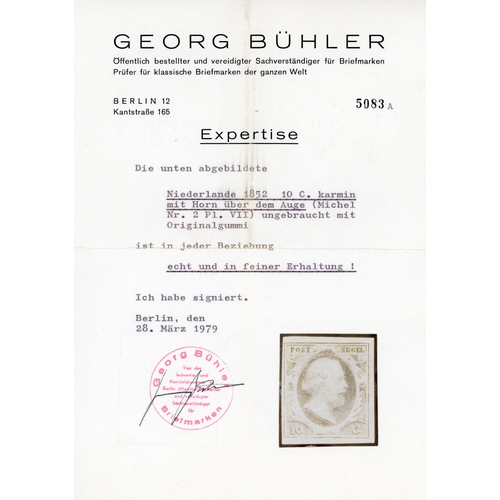 108 - Netherlands 1852-63 10c carmine, plate VII with horn, close to large margins, mint