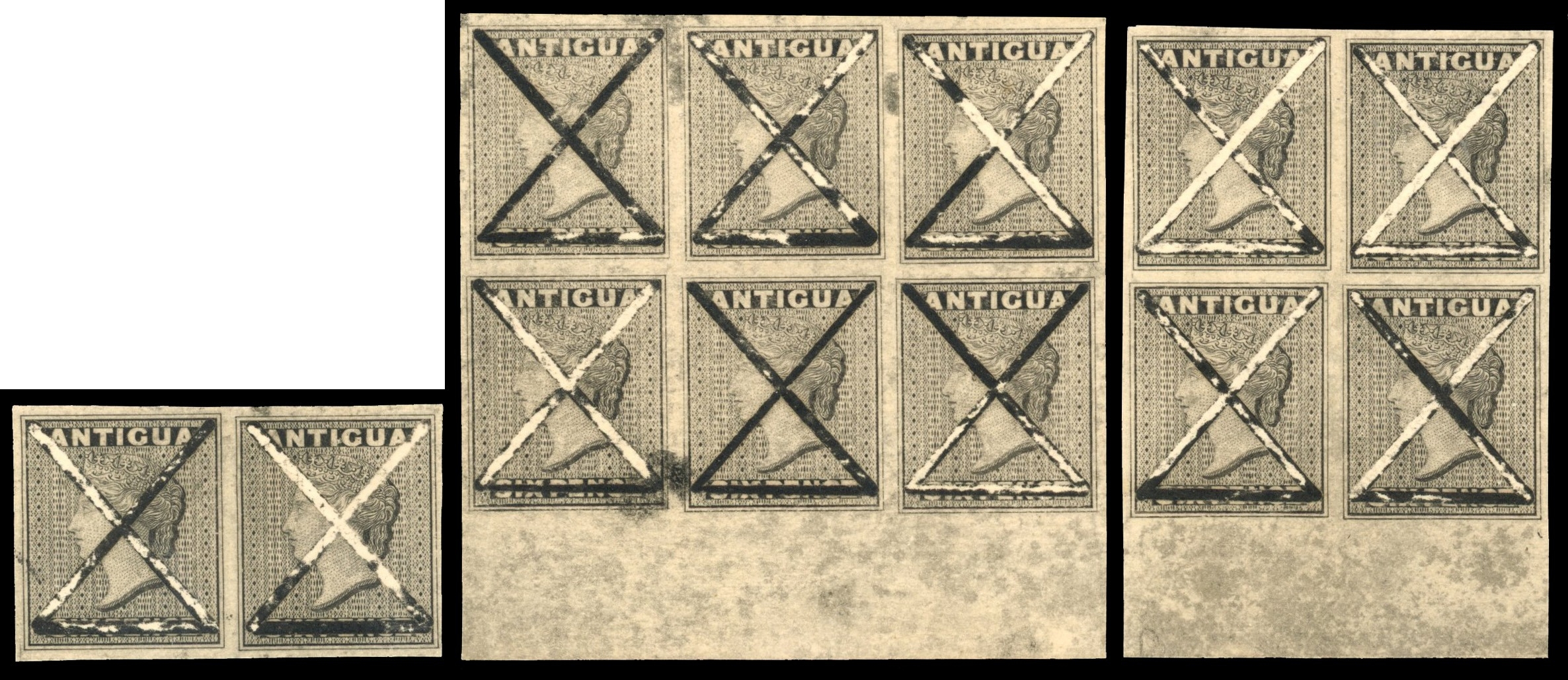 Antigua 1862 No Watermark Reprinted defaced proof blocks