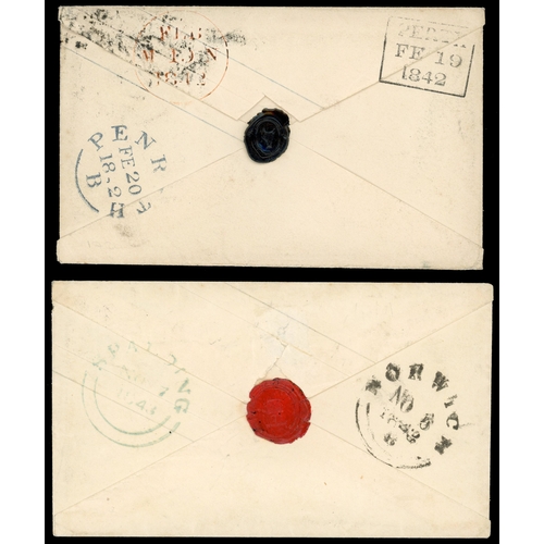 3005 - GB 1842 pair 1d postal stationery envelopes cancelled by distinctive Perth and Norwich Maltese Cross... 