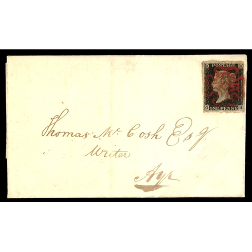 3032 - GB 1840 1d black, Plate 2 (GH) on cover to Ayr cancelled by crimsonÂ Kilwinning Maltese Cros