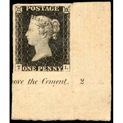 3037 - GB 1840 1d black plate 2, mint lower right corner example showing part inscription and plate number ... 