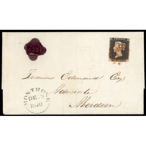 3038 - GB 1840 1d grey-black, Pl. 3 (TI) on wrapper from Montrose to Aberdeen, SG 3