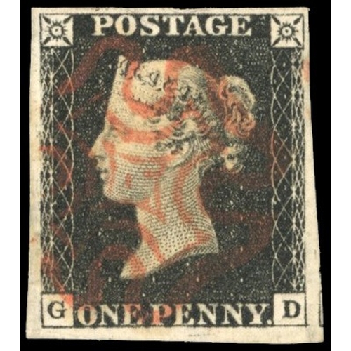 3039 - GB: 1840 1d black, plate 4 (GD), clear to large margins showing portion of adjoining stamp at right,... 
